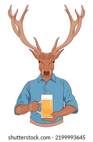 A cute deer in blue shirt holds  mug of beer in his hands.  Antopomorphic vector illustration. Oktoberfest, beer day, cafes, bars