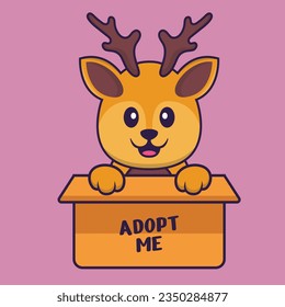 Cute deer in box with a poster Adopt me. Animal cartoon concept isolated. Can used for t-shirt, greeting card, invitation card or mascot.