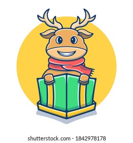 Cute Deer in Box Vector Illustration. Reindeer Mascot Logo Concept. Flat Cartoon Style Suitable for Sticker, Wallpaper, Icon, etc.