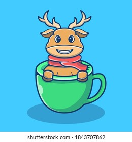 Cute Deer in Box Vector Illustration. Reindeer Mascot Logo Concept. Flat Cartoon Style Suitable for Sticker, Wallpaper, Icon, etc.