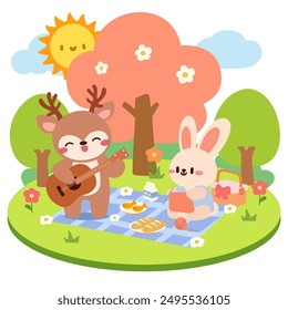 Cute Deer and Bunny Picnic in a Sunny Park. Adorable Cartoon Picnic with Deer and Bunny Friends. Kawaii Animal Friends Enjoying a Picnic Outdoors.