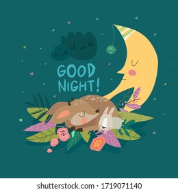 Cute deer with bunny sleeping together among the stars.