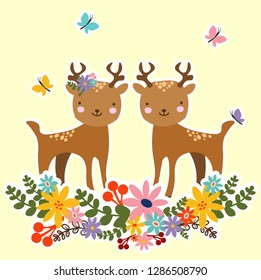 Cute deer with butterflies and flowers, lovers. Valentine's Day postcard, children's picture, sweet childhood, spring. Vector illustration animals.