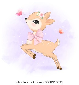 Cute deer and butterfly hand drawn cartoon animal illustration