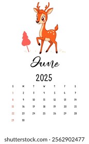 Cute Deer Calendar for June 2025, A delightful illustration of a cartoon deer happily running, featured in a calendar layout for June 2025