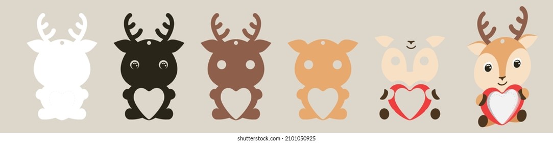 Cute deer candy ornament. Layered paper decoration treat holder for dome. Hanger for sweets, candy for birthday, baby shower, valentine days. Print, cut out, glue. Vector stock illustration