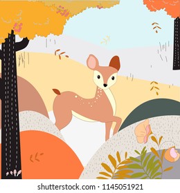 Cute deer cartoon in Autumn forest illustration vector by freehand doodle comic art