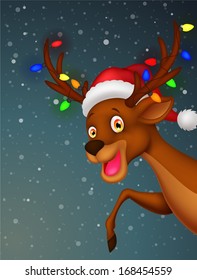 Cute deer cartoon with bulb and red hat