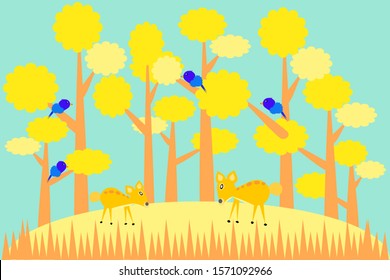 Cute Deer cartoon character Blue bird and yellow tree vector illustration