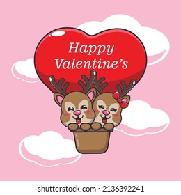 cute deer cartoon character fly with air balloon in valentines day