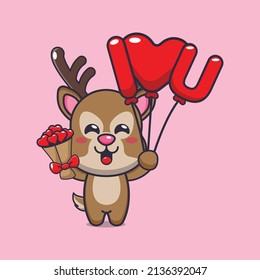 cute deer cartoon character holding love balloon and love flowers