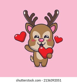 cute deer cartoon character holding love heart in valentines day