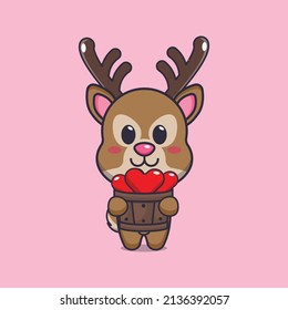 cute deer cartoon character holding love in wood bucket