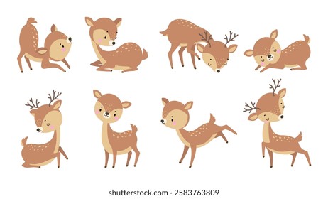 Cute deer. Cartoon deers play run and sleep. Adorable forest animals in various poses, resting and activity. Childish characters, funny nowaday vector wild characters