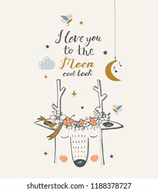 Cute deer .cartoon hand drawn vector illustration. Can be used for baby t-shirt print, fashion print design, kids wear, baby shower celebration greeting and invitation card.