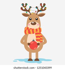 Cute deer cartoon illustration with christmas ball. Perfect for the holidays, postcards, stickers, printing, animal lovers, etc.