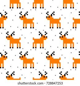 Cute deer cartoon pixel art seamless vector pattern. Funny kid animal repeat background for textile and wallpaper design.