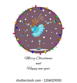 Cute deer in cartoon style in dress ballerina. Vector illustration  for winter seasonal greeting card, invitation, nursery decor, t-shirt, banner, interior design.