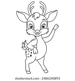 Cute deer cartoon waving hand line art