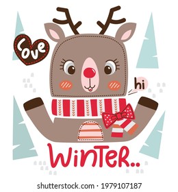 Cute deer cartoon waving isolated on white background illustration vector, Love winter.