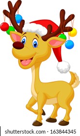 Cute deer cartoon wearing red hat 