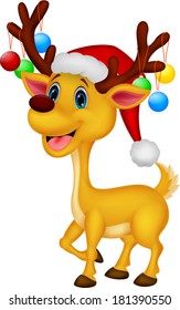 Cute deer cartoon wearing red hat