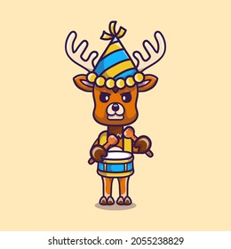 cute deer celebrates new year playing drums, suitable for t-shirt design or happy new year mascot