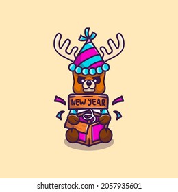 cute deer celebrates new year with joke surprise box, suitable for cute animal new year t-shirts or mascot designs