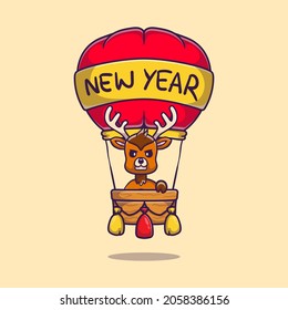 cute deer celebrates new year on hot air balloon, suitable for t-shirt designs or mascots celebrating the new year