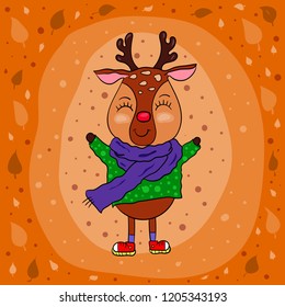 Cute deer character in autumn in a scarf, against a background of falling leaves .Vector.