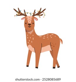 Cute deer character with garland on branched bony antlers, isolated creature with fur on skin. Vector stag mammal with smooth furry coat and horns. Christmas holidays greeting card decoration element