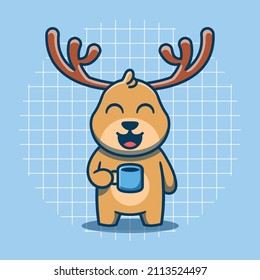 Cute deer character holding a cup vector illustration. Flat cartoon style. Isolated animal concept.