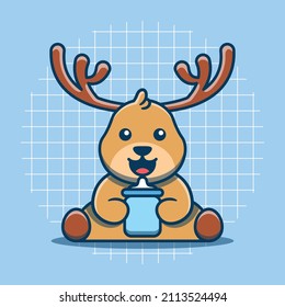 Cute deer character hugging a baby pacifier vector illustration. Flat cartoon style. Isolated animal concept.