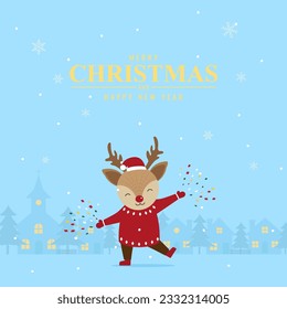 Cute deer characters with city village and christmas tree in night time with snowfall. Christmas season and Happy new year season. Vector illustration