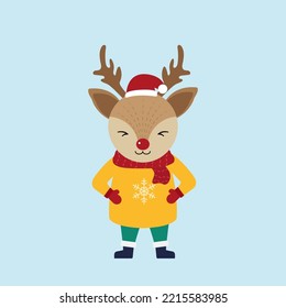 Caracteres de ciervo curado en fondo azul. Navidad y Feliz Año Nuevo. Ilustración del vector