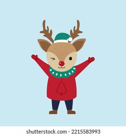 Cute deer characters on blue background. Christmas season and Happy new year season. Vector illustration