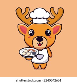 Cute deer chef cartoon character with bring japanese food