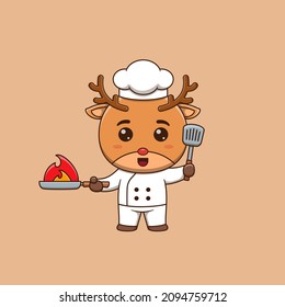 Cute deer chef holding spatula and Burning Frying Pan