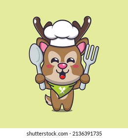 cute deer chef mascot cartoon character holding spoon and fork