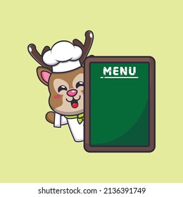 cute deer chef mascot cartoon character with menu board