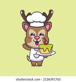 cute deer chef mascot cartoon character with cake