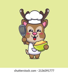 cute deer chef mascot cartoon character with cake dough