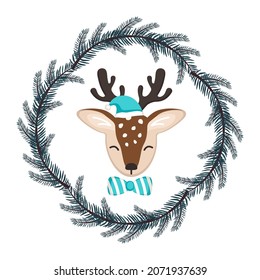 Rutsche Hirsche im kindischen Stil mit Dekorationen für das neue Jahr und Weihnachten im Rahmen von Tannenästen. Fest lustiges Tier mit Bogen und Hut. Vektorgrafik
