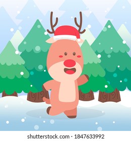 Cute Deer Christmas Character dancing on scene winter landscape