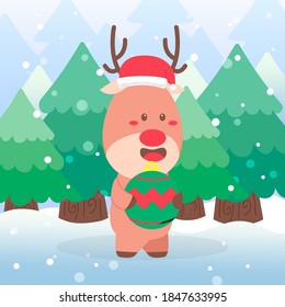 Cute Deer Christmas Character hold christmas ball on scene winter landscape