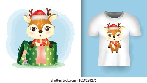 cute deer christmas characters using santa hat and scarf in the gift box with t-shirt design