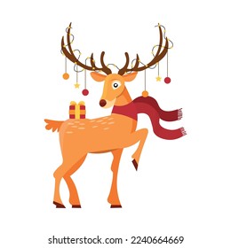 Cute deer with Christmas decorations and gift on white backgroun