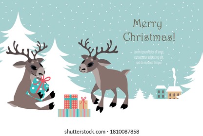 Cute deer with Christmas gifts on the background of a winter landscape. Background for covers, banners, flyers, splash screens. Merry Christmas.