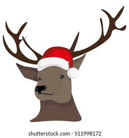 Cute deer in Christmas hat. Christmas illustration for greeting cards, flayers. Cartoon elk for the new year