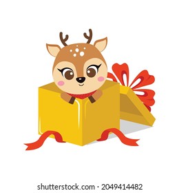 Cría de ciervo en la caja de regalo de Navidad. Diseño de dibujos animados de vector plano